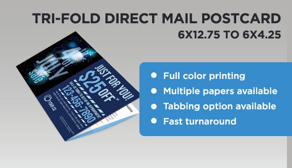 Tri-Fold Direct Mail Postcard - 6x12.75 to 6x4.25